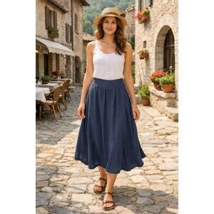 Gudrun Sjoden Lyocell Wool Midi Skirt Blue Lagenlook Scandinavian Boho Small